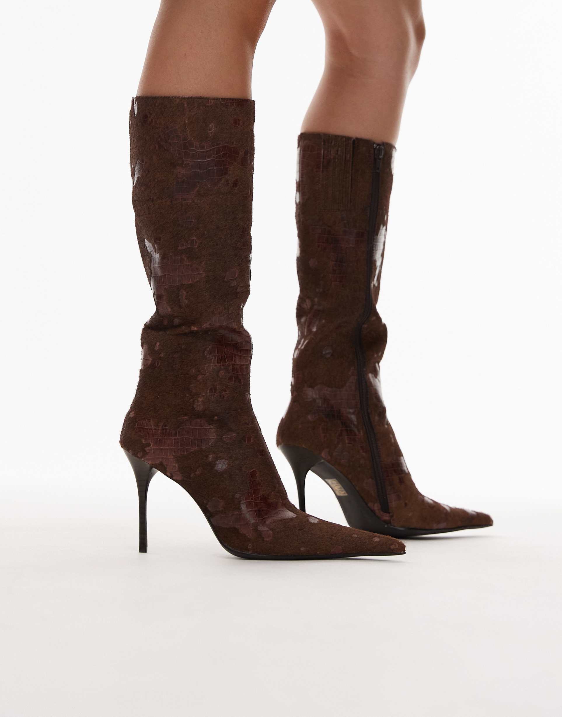 jeffrey campbell pointed toe stiletto knee-high boots in brown croc