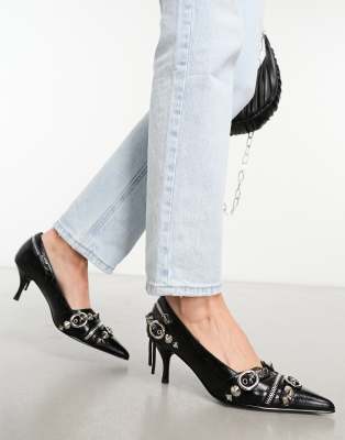 Jeffrey Campbell Roxine kitten heeled shoe with hardware in black - ASOS Price Checker