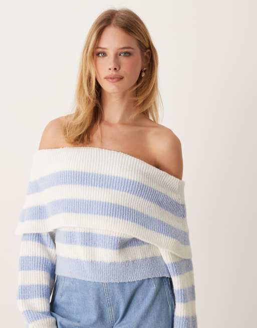 Jersey a rayas azul pastel con escote Bardot de punto de Miss Selfridge, 2 de 4