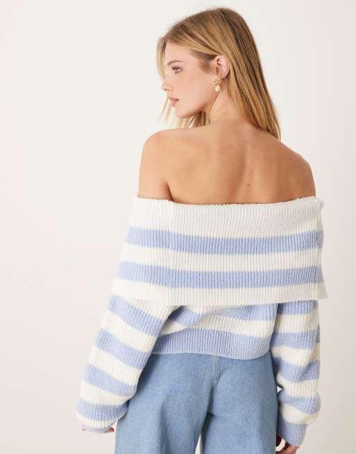 Jersey a rayas azul pastel con escote Bardot de punto de Miss Selfridge, 4 de 4