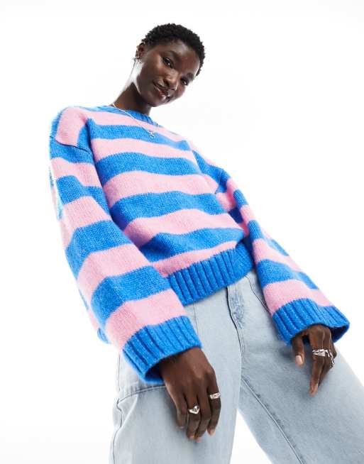 Jersey a rayas azules y rosas con cuello redondo de punto de Monki