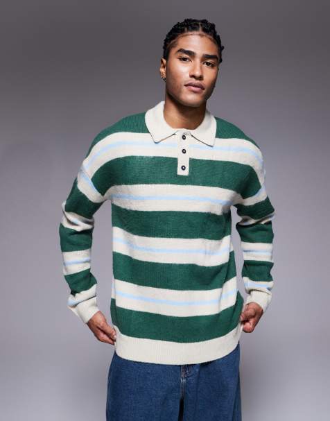 Jersey a rayas azules y verdes holgado con cuello tipo polo de punto mullido de ASOS DESIGN - view 1