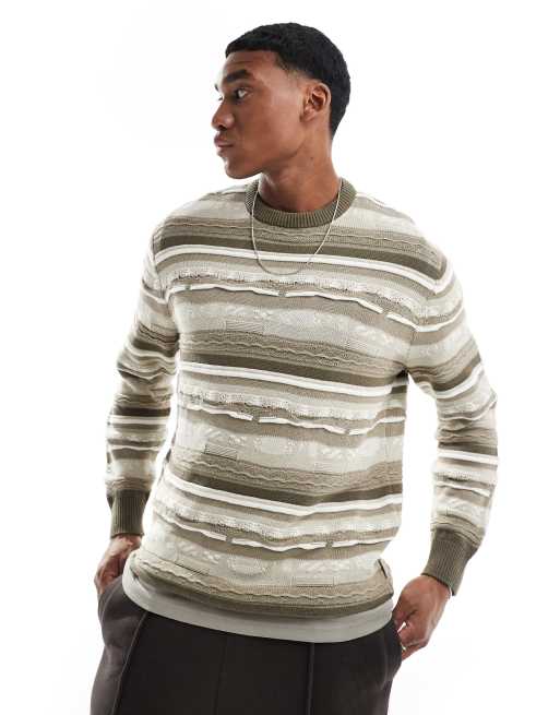 Jersey a rayas beis multicolores con cuello redondo de tejido texturizado de ONLY & SONS