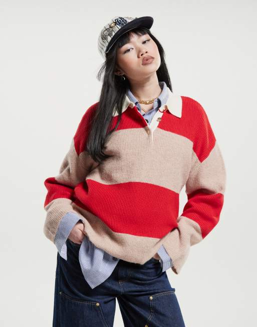 Jersey a rayas beis y rojas con cuello tipo polo de Mango 