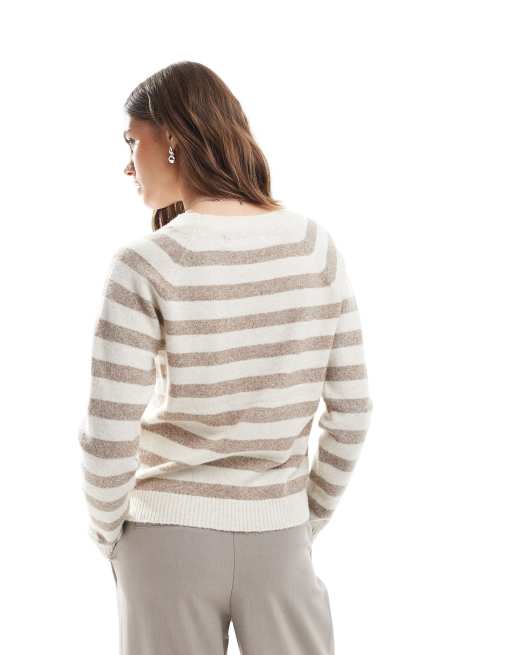 Jersey a rayas color crema y beis jaspeado con cuello redondo de punto de Vero Moda, 4 de 4