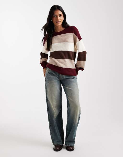 Jersey a rayas color crema y burdeos con hombros caídos de punto de ONLY, 2 de 4
