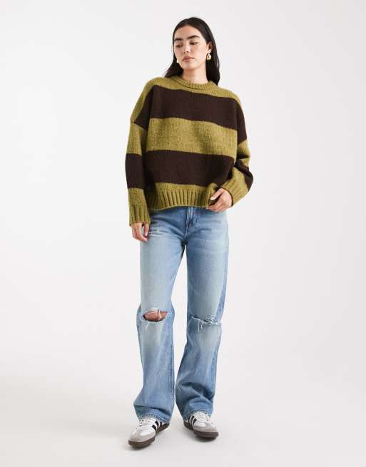 Jersey a rayas marrón chocolate y verde oliva extragrande con cuello redondo de ASOS DESIGN, 3 de 4