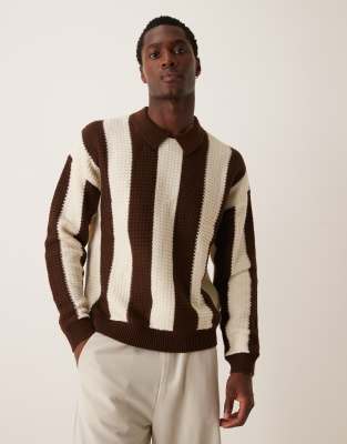 Jersey a rayas marrones de corte cuadrado holgado con cuello tipo polo de punto de ASOS DESIGN - view 1