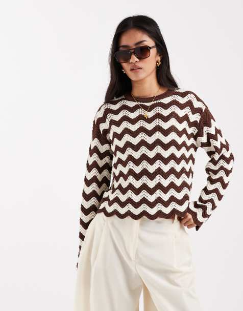 Jersey a rayas marrones de punto calado de New Look - view 1