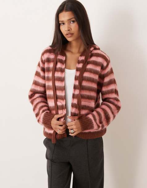 Jersey a rayas marrones y rosas con capucha de punto mullido Brownie Blush de Kiwi & Co - view 1