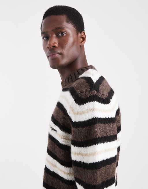 Jersey a rayas negras, marrones y blancas con logo de texto en el pecho de punto cálido de Tommy Jeans, 4 de 5