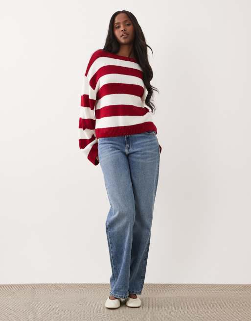 Jersey a rayas rojas y color crudo anchas de corte cuadrado de punto de ASOS DESIGN, 2 de 4