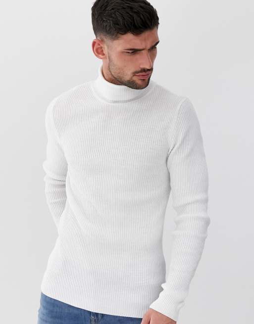 Jersey ajustado blanco de canalé con cuello vuelto de ASOS DESIGN