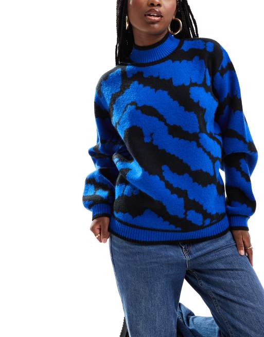 Jersey azul cobalto con cuello alzado y estampado de cebra de punto de South Beach