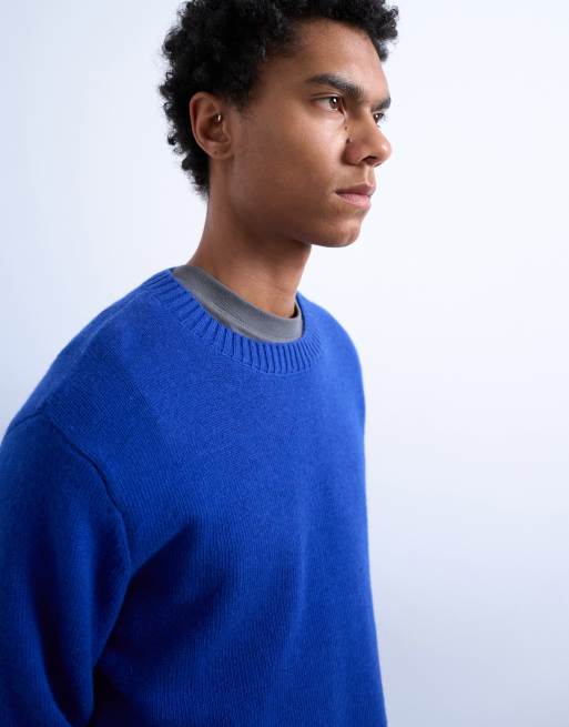 Jersey azul cobalto de corte estándar con cuello redondo de punto de mezcla de lana de Topman, 3 de 5
