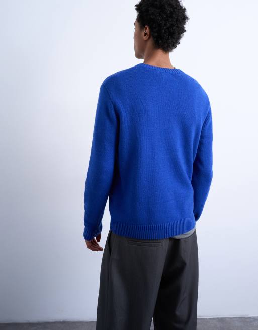 Jersey azul cobalto de corte estándar con cuello redondo de punto de mezcla de lana de Topman, 4 de 5