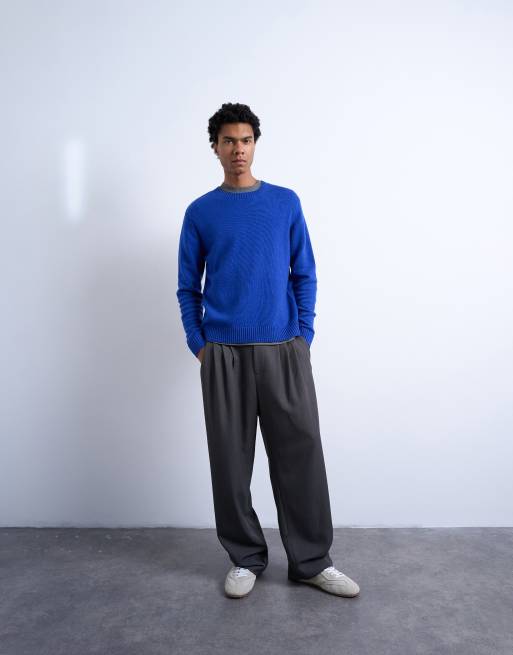 Jersey azul cobalto de corte estándar con cuello redondo de punto de mezcla de lana de Topman, 5 de 5