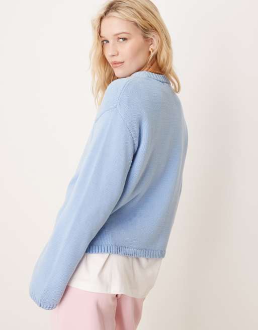 Jersey azul con cuello redondo de punto de mezcla de algodón de Gina Tricot, 4 de 4
