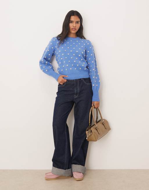 Jersey azul holgado con estampado de lunares texturizados de punto de JDY, 3 de 4