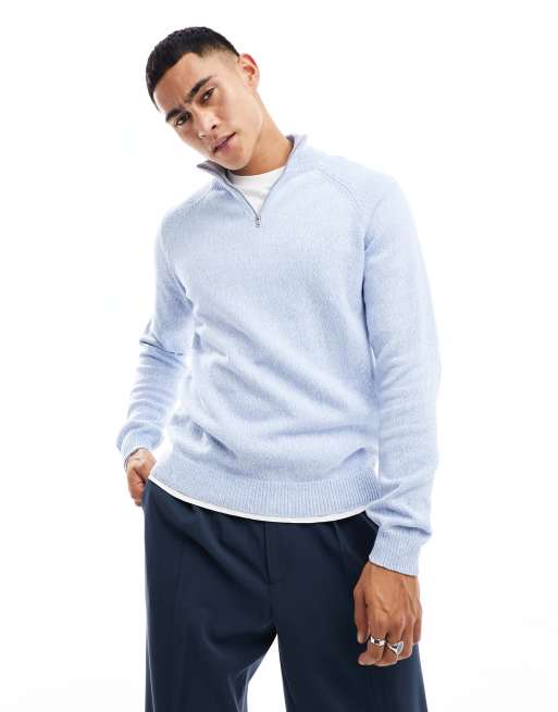 Jersey azul jaspeado con cremallera corta de punto de grosor medio de algodón de ASOS DESIGN
