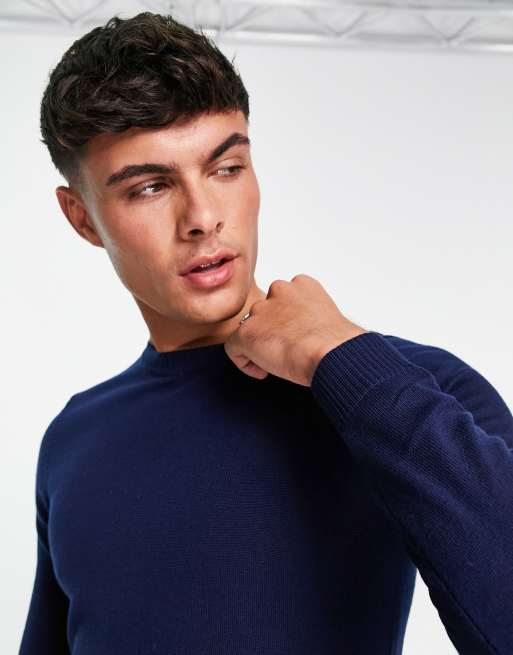 Jersey azul marino ajustado con cuello redondo de lana de merino premium de ASOS DESIGN, 4 de 4