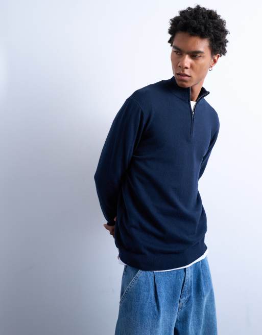 Jersey azul marino básico con cuello alzado y cremallera corta de punto de Topman, 2 de 5