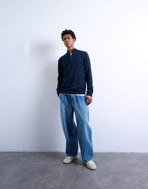 Jersey azul marino básico con cuello alzado y cremallera corta de punto de Topman, 3 de 5