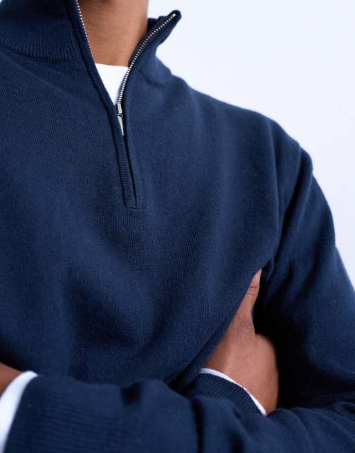 Jersey azul marino básico con cuello alzado y cremallera corta de punto de Topman, 4 de 5