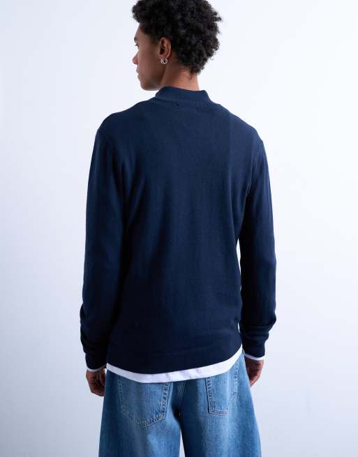 Jersey azul marino básico con cuello alzado y cremallera corta de punto de Topman, 5 de 5