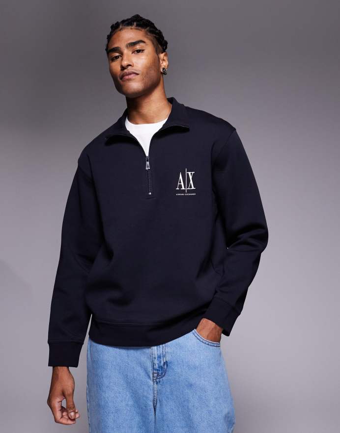Armani Exchange Jersey azul marino con cremallera corta y logo de