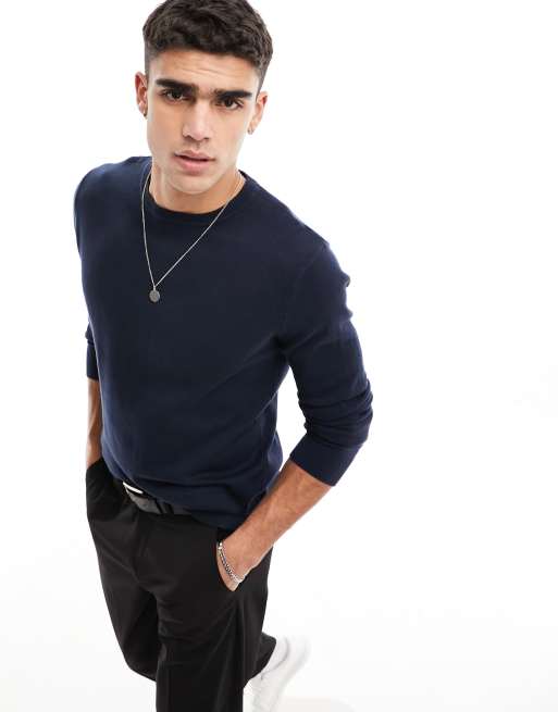 Jersey azul marino con cuello redondo de punto de Selected Homme