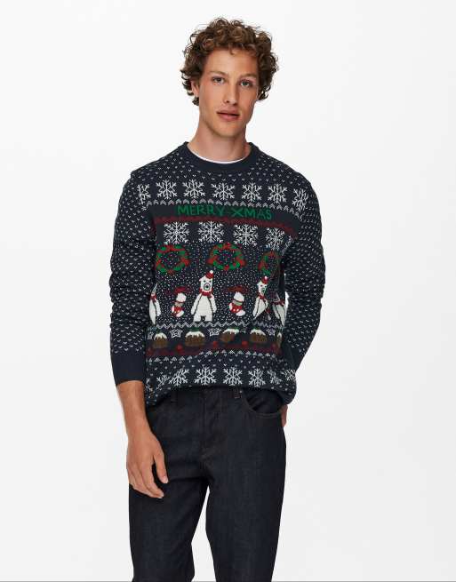 Jersey azul marino con estampado navideño de grecas alpinas y osos polares de Only & Sons