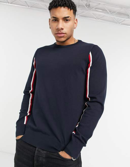 Jersey azul marino con raya lateral de punto intarsia Global de Tommy Hilfiger