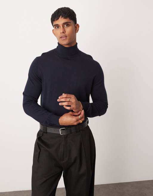 Jersey azul marino de manga con cuello alzado de punto fino de Mango