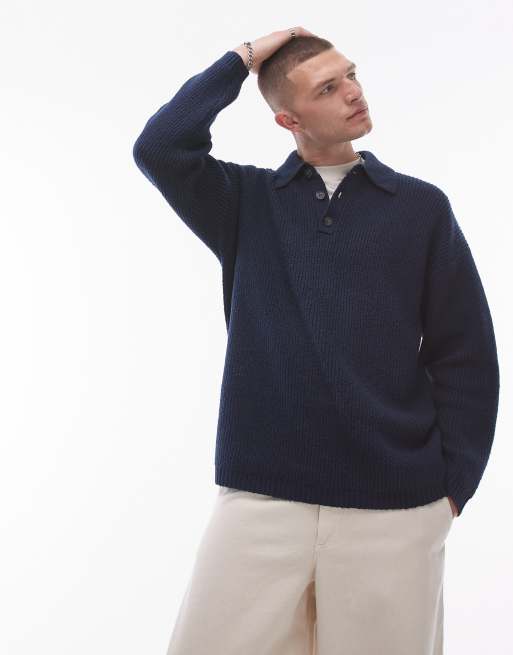 Jersey azul marino holgado con cuello tipo polo de punto compacto de Topman