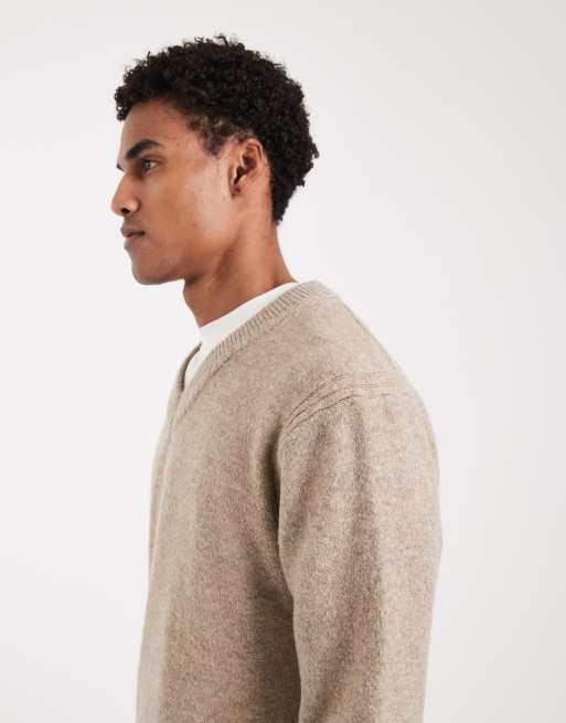 Jersey beis con cuello de pico de punto cepillado de ONLY & SONS, 5 de 5