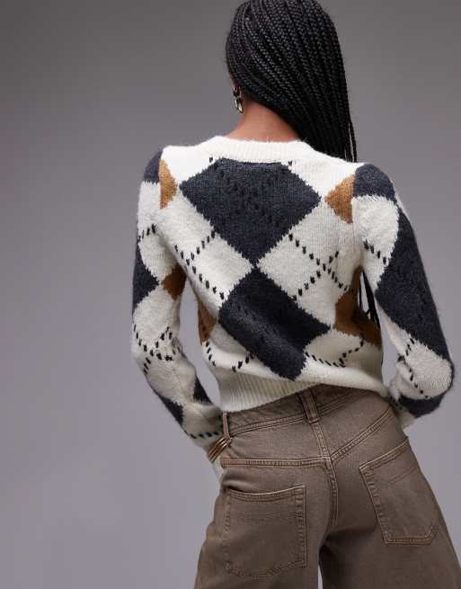 Jersey beis con cuello de pico y patrón de rombos de Mango ASOS