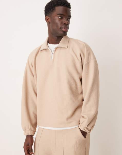 Jersey beis extragrande con hombres caídos y cuello tipo polo de punto gofrado cepillado de ASOS DESIGN (parte de un conjunto) - view 1