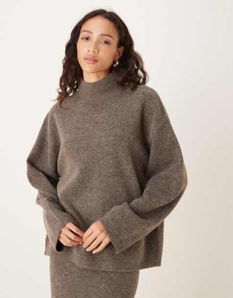 Conjunto beis grisáceo de jersey largo con cuello alzado y falda larga de punto de ASOS DESIGN - view 1