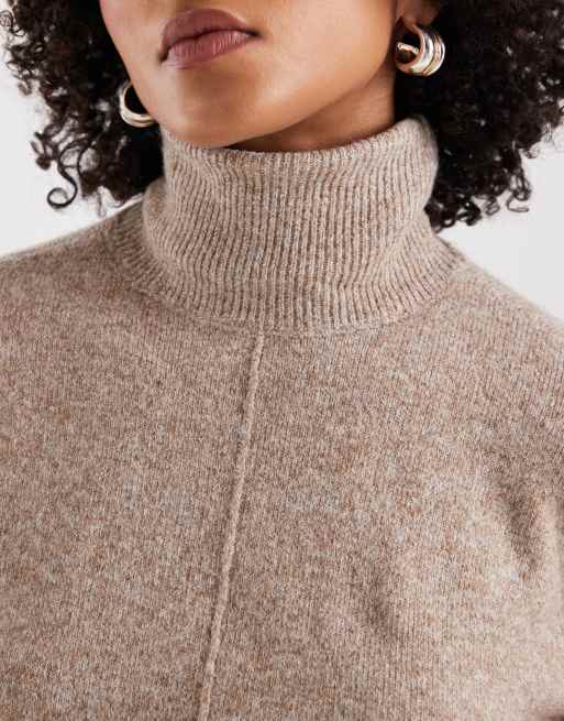 Jersey beis jaspeado con cuello vuelto y mangas voluminosas de punto de Vero Moda, 3 de 4