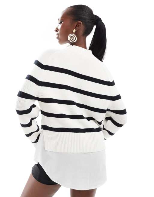 Jersey blanco a rayas negras con cuello alzado y diseño efecto 2 en 1 de camisa interior de French Connection