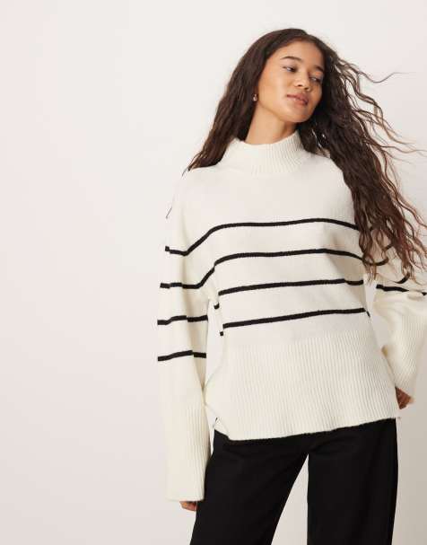 Jersey blanco a rayas negras de corte suelto con cuello alto de Brave Soul - view 1