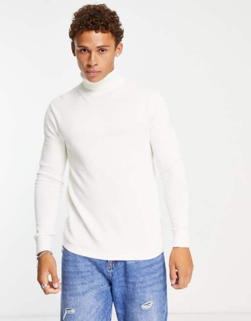 Jersey blanco a rayas texturizadas con cuello vuelto de punto de Selected Homme