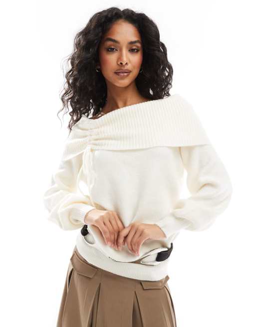 Jersey blanco con detalle fruncido y escote Bardot de punto de Pimkie