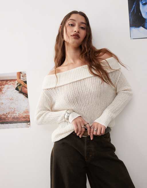 Jersey blanco con escote Bardot de punto ligero Lori de Weekday
