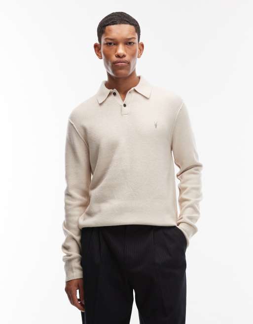 Jersey blanco de manga larga con cuello tipo polo y logo Statten de AllSaints