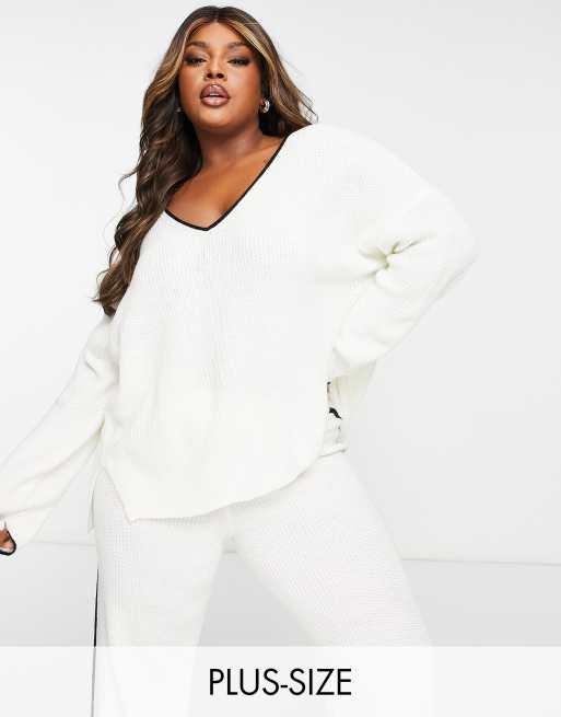 Jersey blanco hielo holgado con cuello de pico y ribetes de canalé de M Lounge Curve (parte de un conjunto)