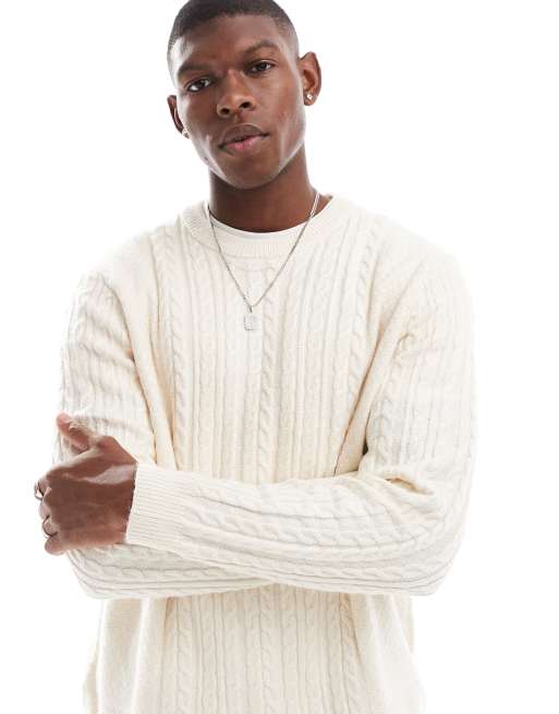 Jersey blanco holgado con cuello redondo de punto de ochos de ASOS DESIGN
