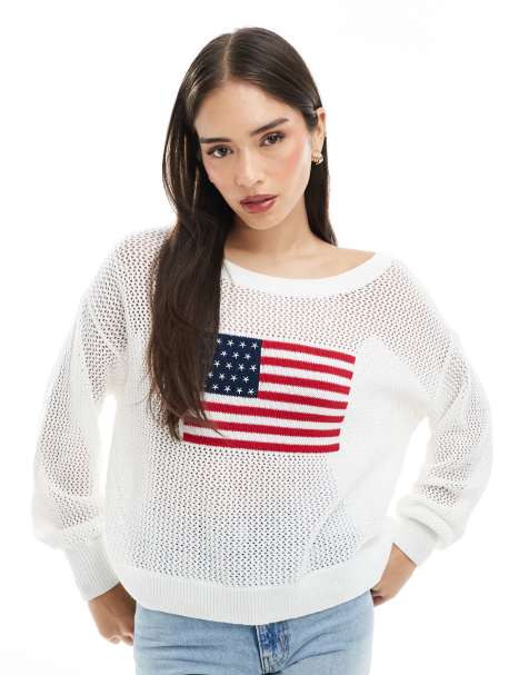 Jersey blanco holgado de manga larga con estampado gráfico de bandera de Estados Unidos de Hollister - view 1