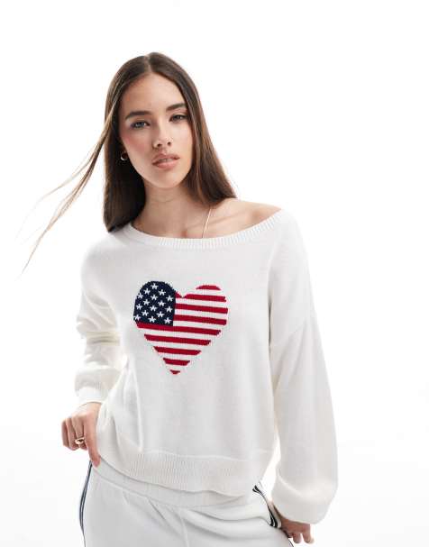 Jersey blanco holgado de manga larga con estampado gráfico en corazón de bandera de Estados Unidos de Hollister - view 1